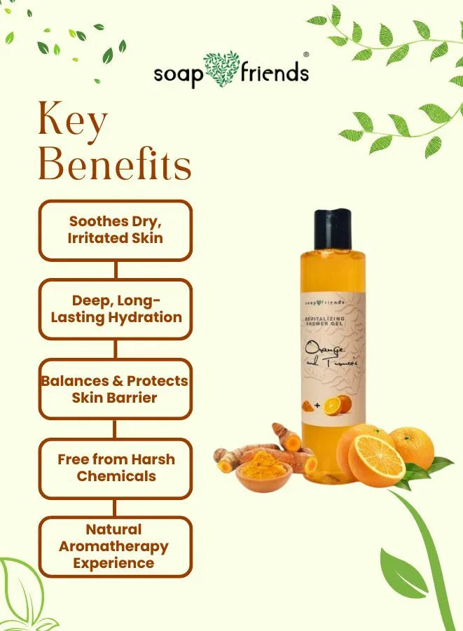 Soap & Friends shower gel with key benefits listed on a green leafy background