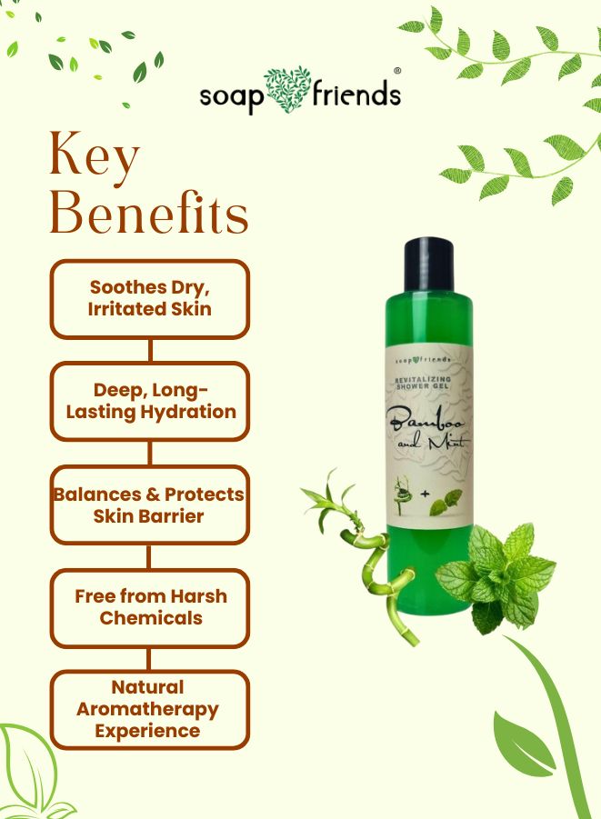 Natural shower gel with key benefits listed on a green background with green leaves and 'soap&friends' branding.