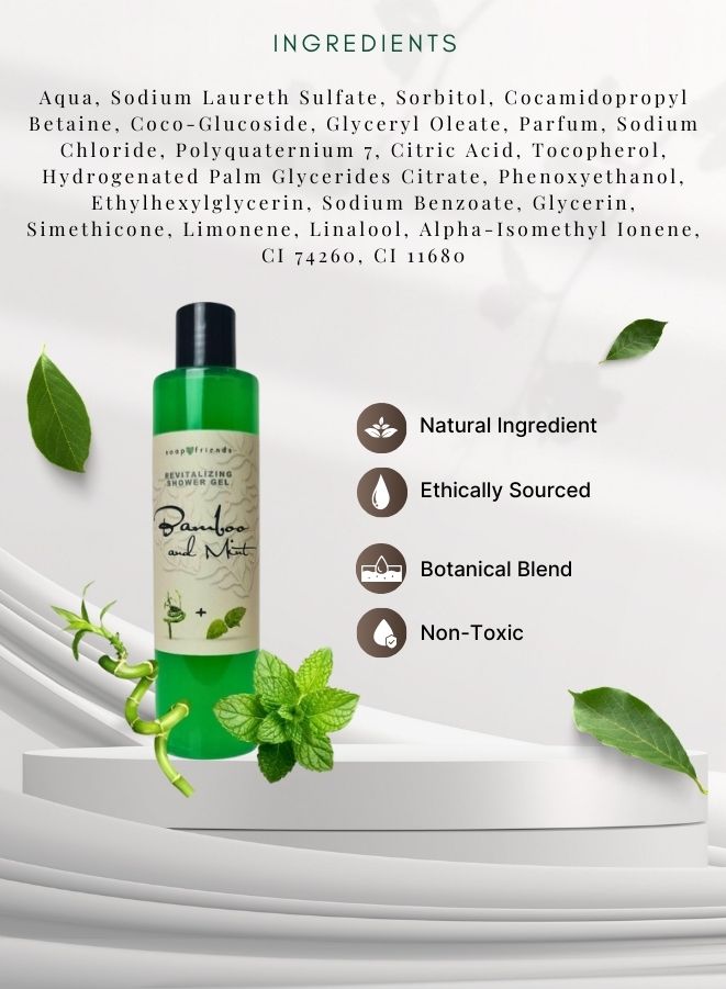 Green shower gel bottle with label on a white background, featuring ingredients and product attributes.