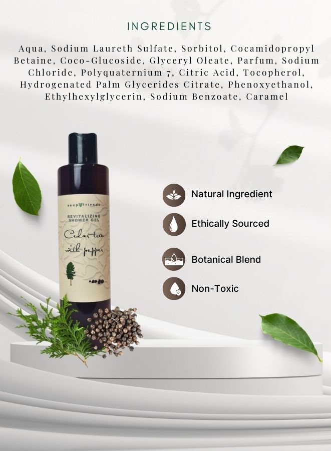 Bottle of shower gel with peppermint on a white background with ingredient list and product features.