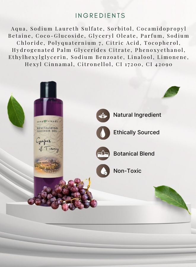 Bottle of natural shower gel with ingredients list on a white background