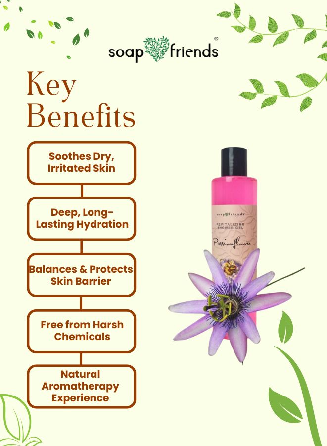 Soap & Friends product with key benefits listed on a green background