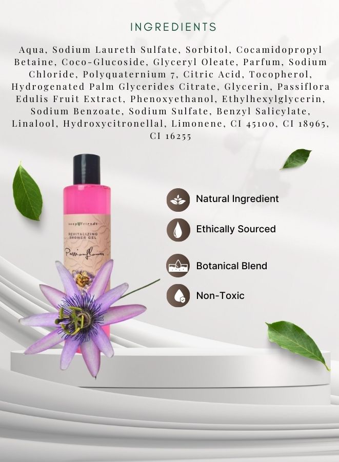 Shower gel bottle with ingredients list and certification icons on a white background