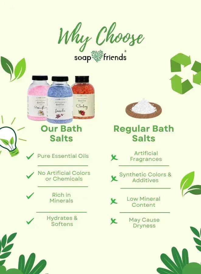 Comparison chart of soap & friends bath salts versus regular bath salts on a light green background with leaf graphics.