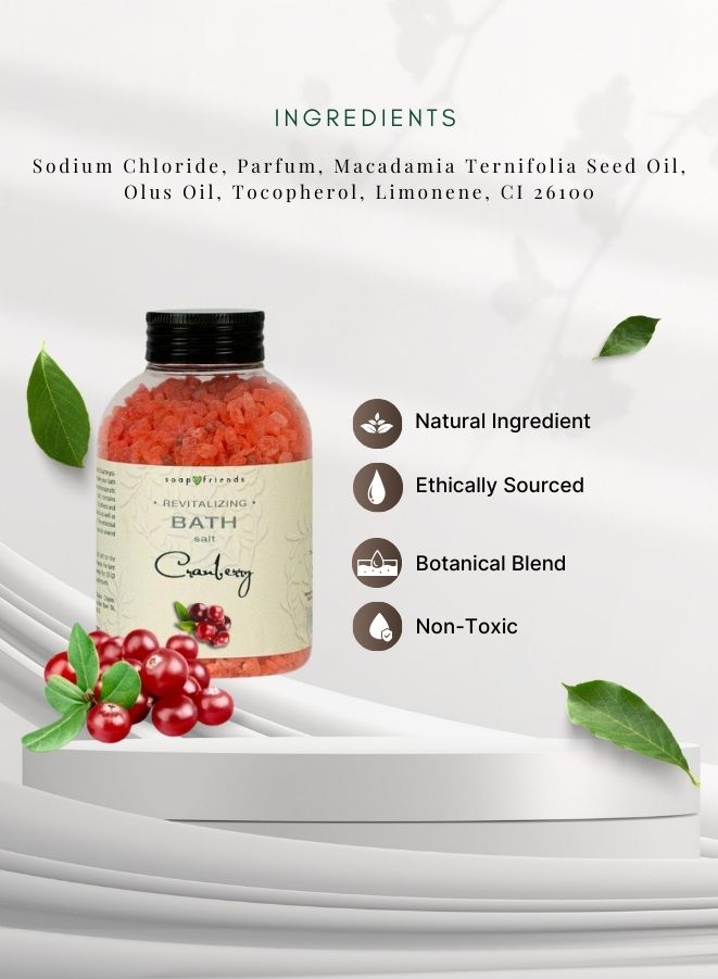 Bottle of bath salt with ingredients listed on a white background