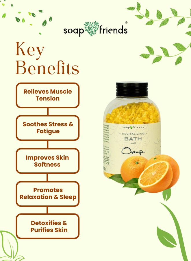 Soap & Friends bath product with key benefits listed on a green leafy background