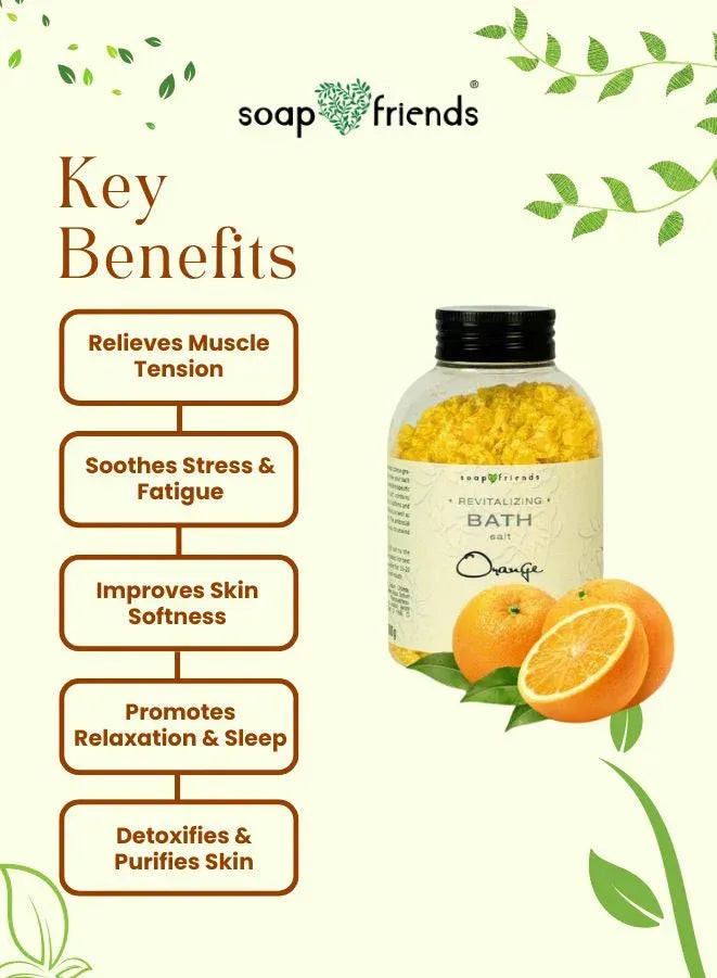 Soap & Friends bath product with key benefits listed on a green leafy background