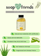 Bottle of bath salt with a label on a light green background, featuring the brand 'soap friends'.