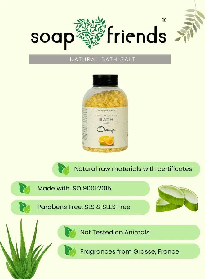 Bottle of bath salt with a label on a light green background, featuring the brand 'soap friends'.