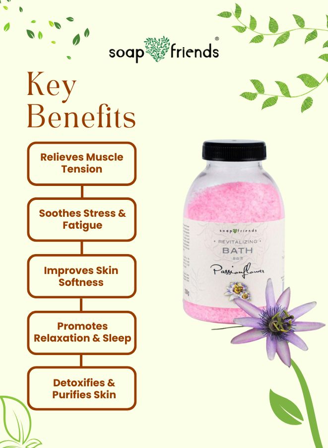 Bath salt product with key benefits listed and Soap & Friends branding.