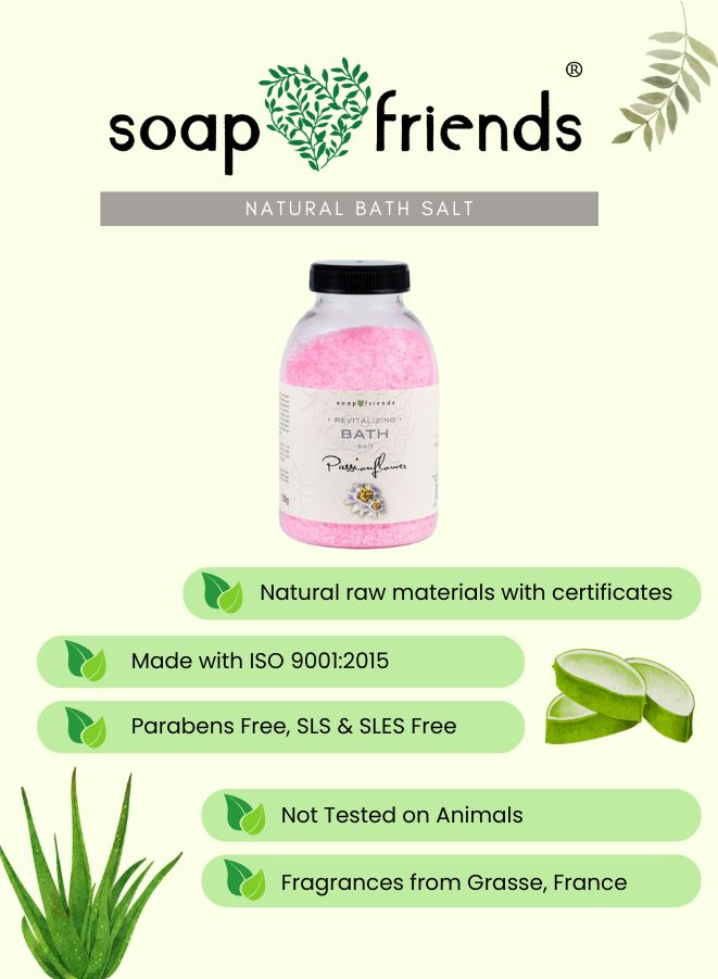 Bottle of soap and friends natural bath salt with product details on a light green background