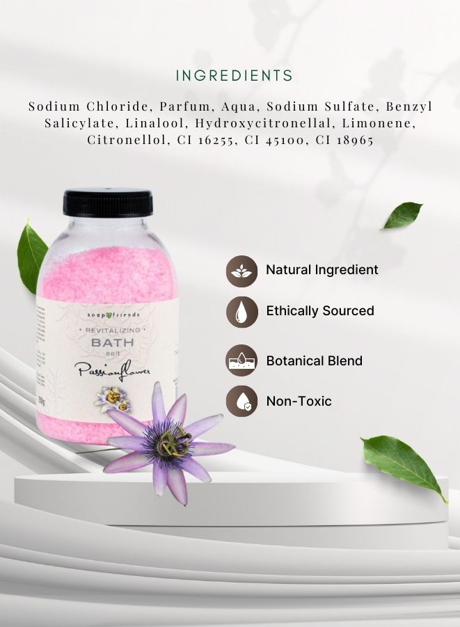 Bottle of bath salt with ingredients list and product features on a white background