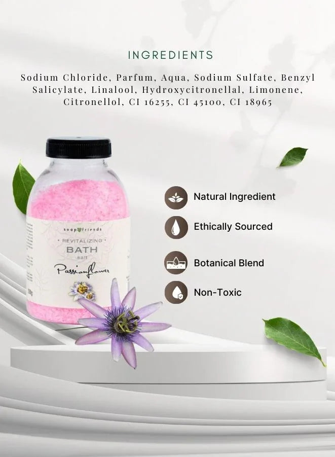 Bottle of bath salt with ingredients list and product features on a white background