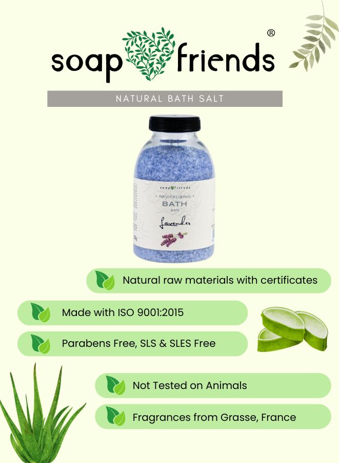 Bottle of soap and friends natural bath salt on a green background with product details.