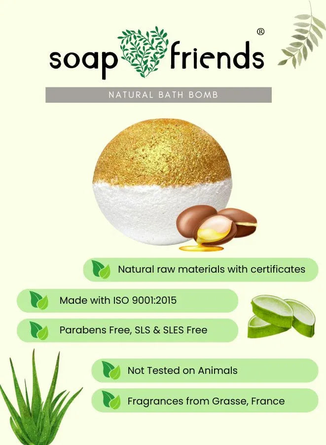 Soap & Friends natural bath bomb with ingredients and certification details on a light green background