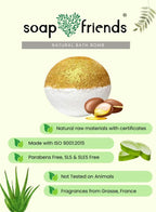 Soap & Friends natural bath bomb with ingredients and certification details on a light green background