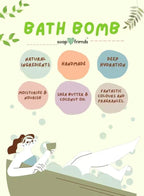 Soap & Friends bath bomb packaging with text about natural ingredients and benefits.