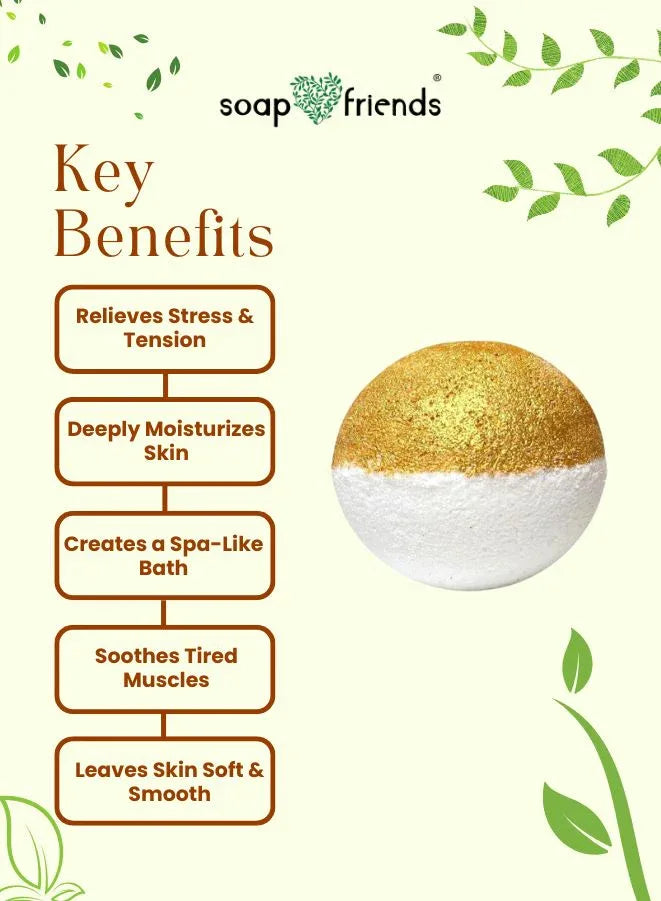 Key benefits of a bath bomb with 'soap & friends' branding on a green leafy background.