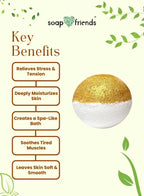 Key benefits of a bath bomb with 'soap & friends' branding on a green leafy background.