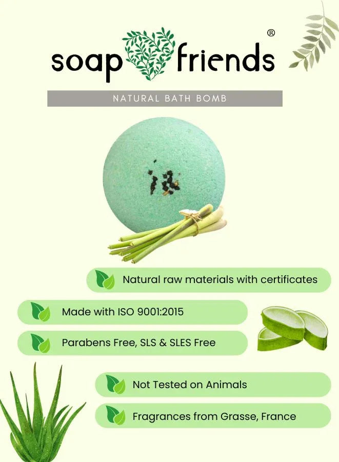 soap&friends natural bath bomb with product and certification details on a white background.
