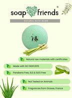 soap&friends natural bath bomb with product and certification details on a white background.