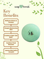 Bath bomb with key benefits listed on a white background with green leaves, featuring the brand 'soap & friends'.