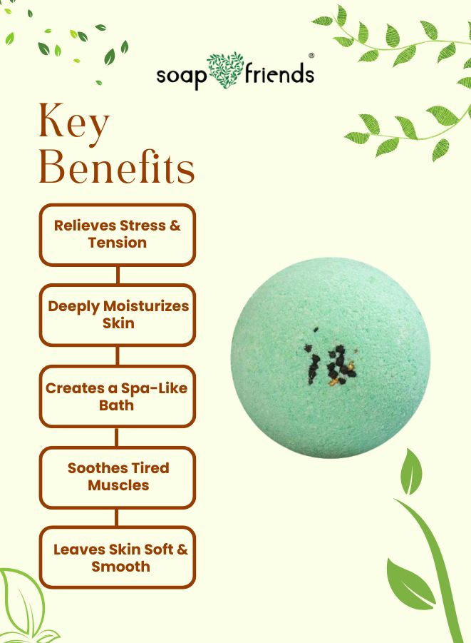 Bath bomb with key benefits listed on a white background with green leaves, featuring the brand 'soap & friends'.