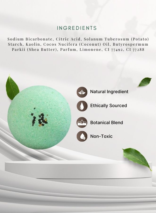 Green bath bomb with ingredients listed on a white background
