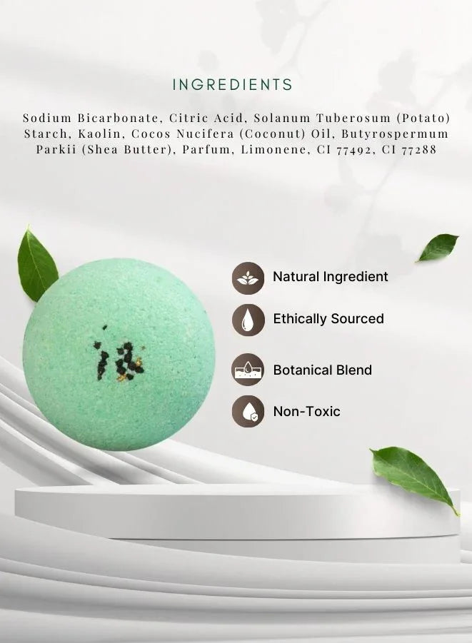 Green bath bomb with ingredients listed on a white background