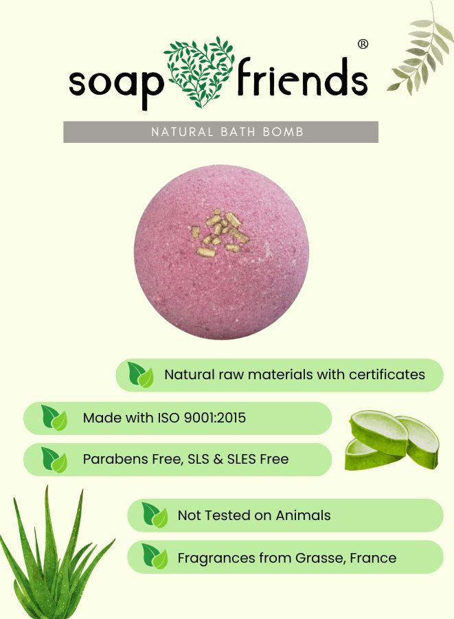 Pink bath bomb with 'soap friends' branding on a light green background