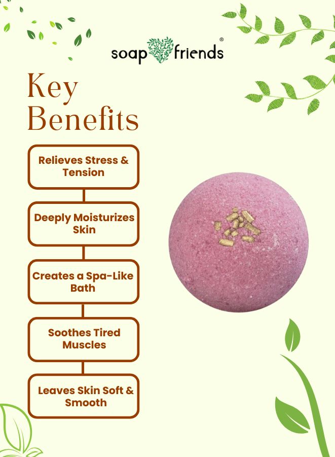 Pink bath bomb with gold flakes on a white background with 'soap & friends' branding and key benefits listed.