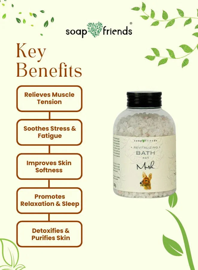 Bath salt product with key benefits listed on a green leafy background, featuring the brand 'soap&friends'.