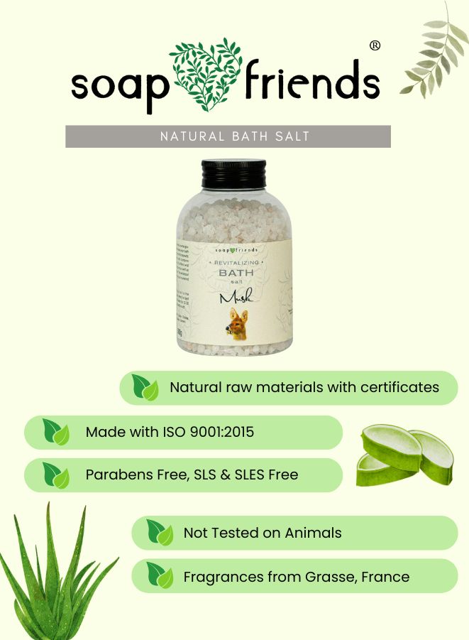 Soap & Friends natural bath salt product with certification details on a green background