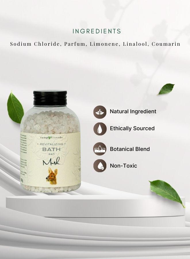Bottle of bath salts with ingredients listed on a white background