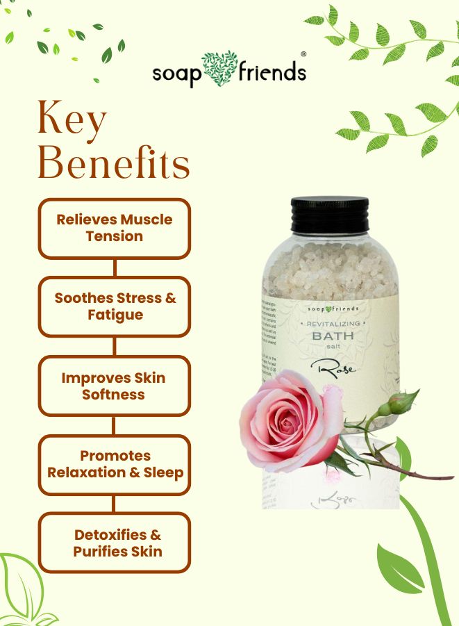Bath salt product with key benefits listed on a light green background, featuring the brand 'soap & friends'.