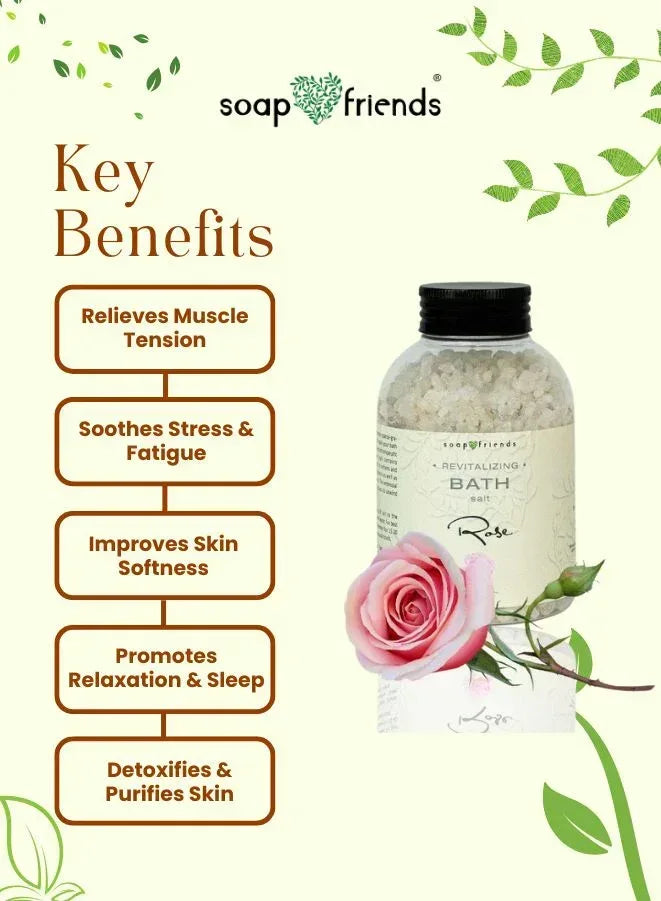 Bath salt product with key benefits listed on a light green background, featuring the brand 'soap & friends'.