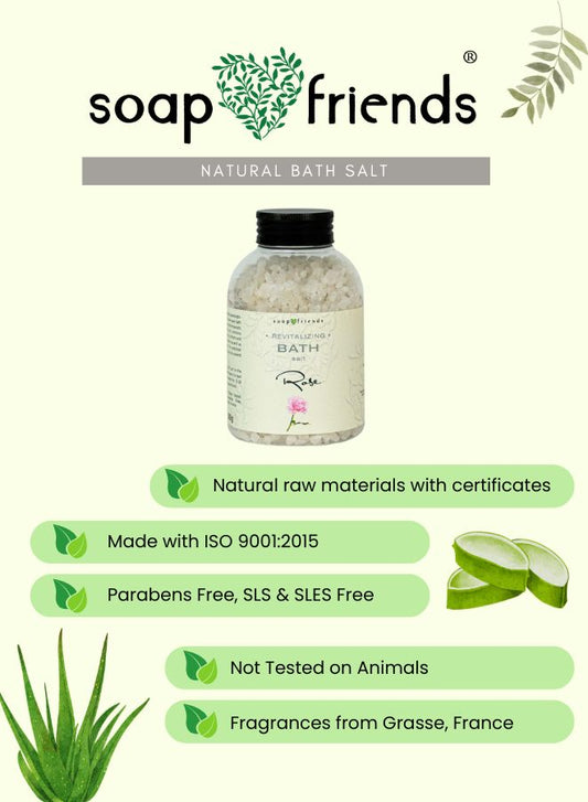 Soap & Friends natural bath salt bottle with product details on a green background