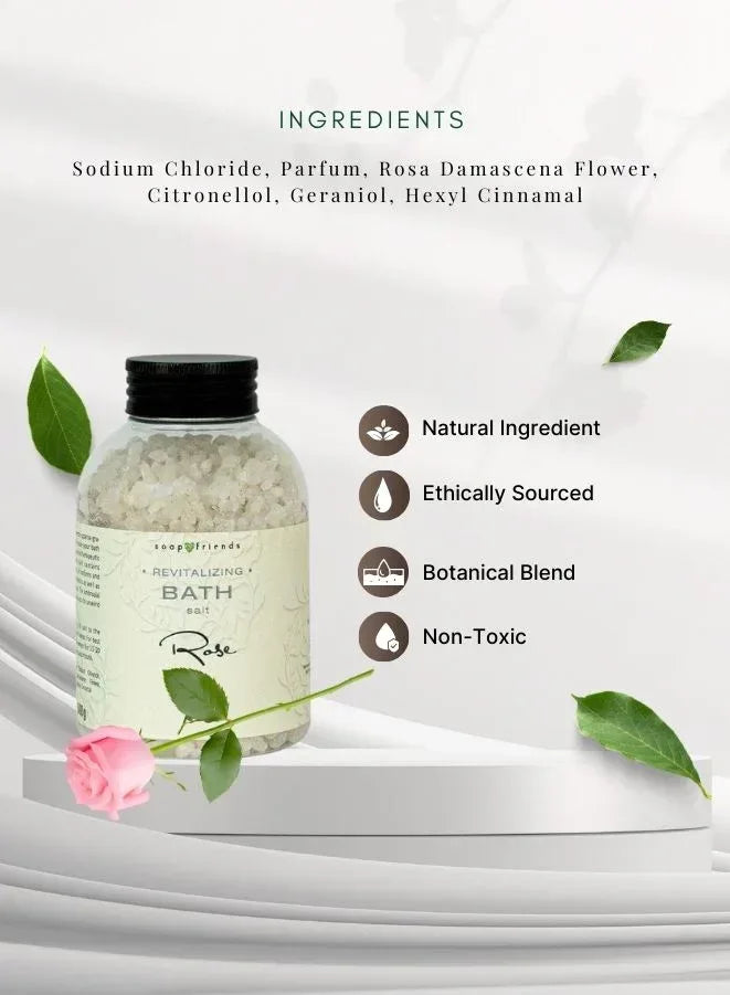Bottle of bath salt with ingredients listed on a white background