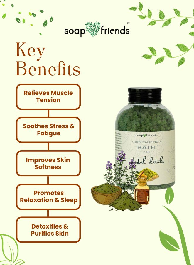 Soap & Friends bath salt with key benefits listed on a green background