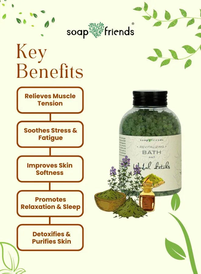 Soap & Friends bath salt with key benefits listed on a green background