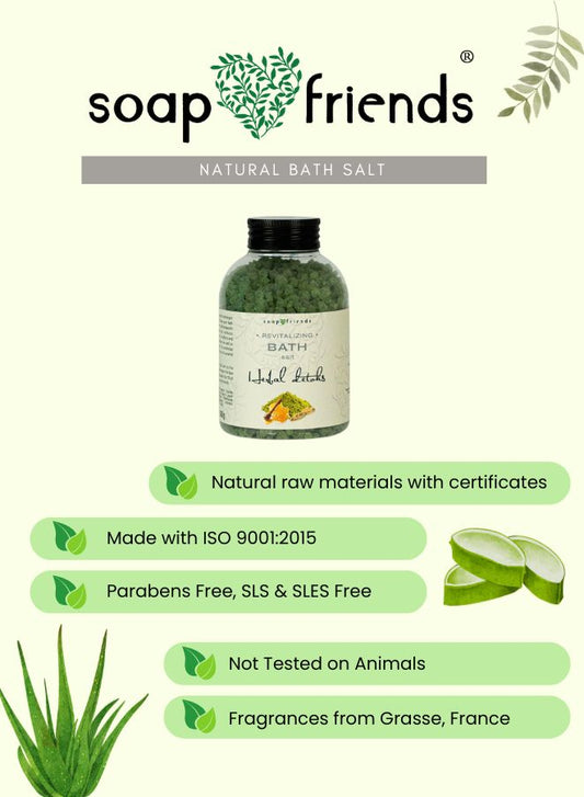 Bottle of soap and friends natural bath salt with product details on a green background