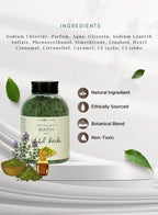 Bottle of bath salts with ingredients list and certification icons on a white background