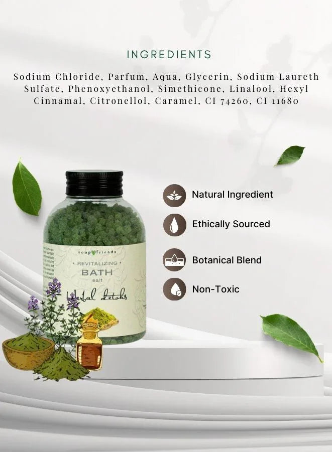 Bottle of bath salts with ingredients list and certification icons on a white background