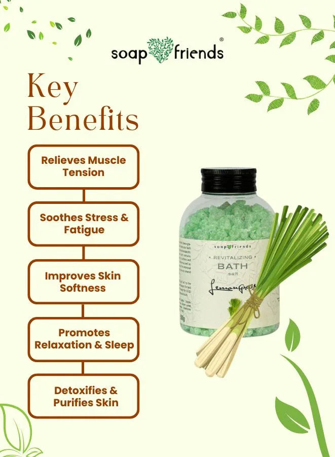 Soap & Friends bath salt with key benefits listed on a green background