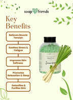 Soap & Friends bath salt with key benefits listed on a green background