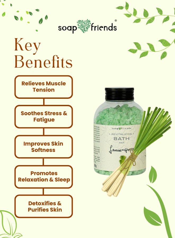 Soap & Friends bath salt with key benefits listed on a green background