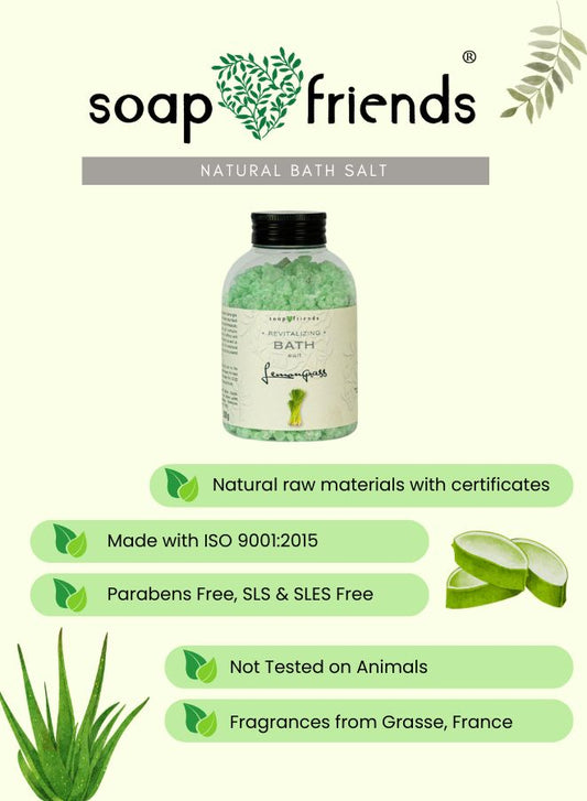 Soap & Friends natural bath salt product with certification details on a light green background