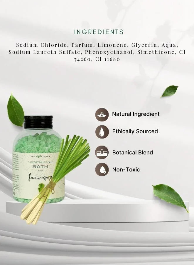 Bath salt with ingredients list and certification icons on a white background