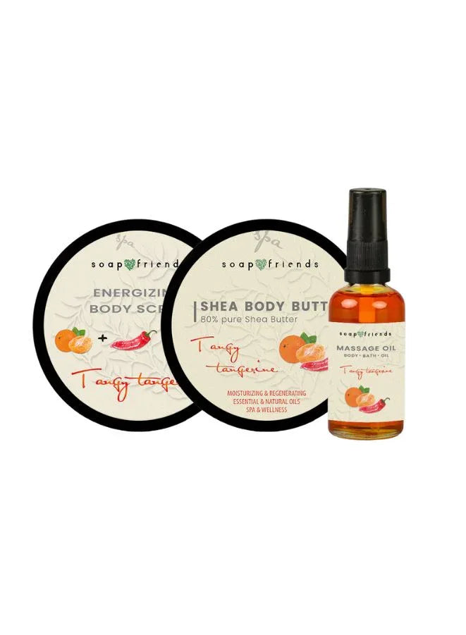 Tangy Tangerine Warming Spa Set – Anti-Cellulite Body Oil, Body Butter, and Scrub with Capsaicin for Skin Firming & Circulation Boost (Set of 3)
