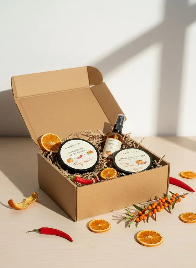 Tangy Tangerine Warming Spa Set – Anti-Cellulite Body Oil, Body Butter, and Scrub with Capsaicin for Skin Firming & Circulation Boost (Set of 3)